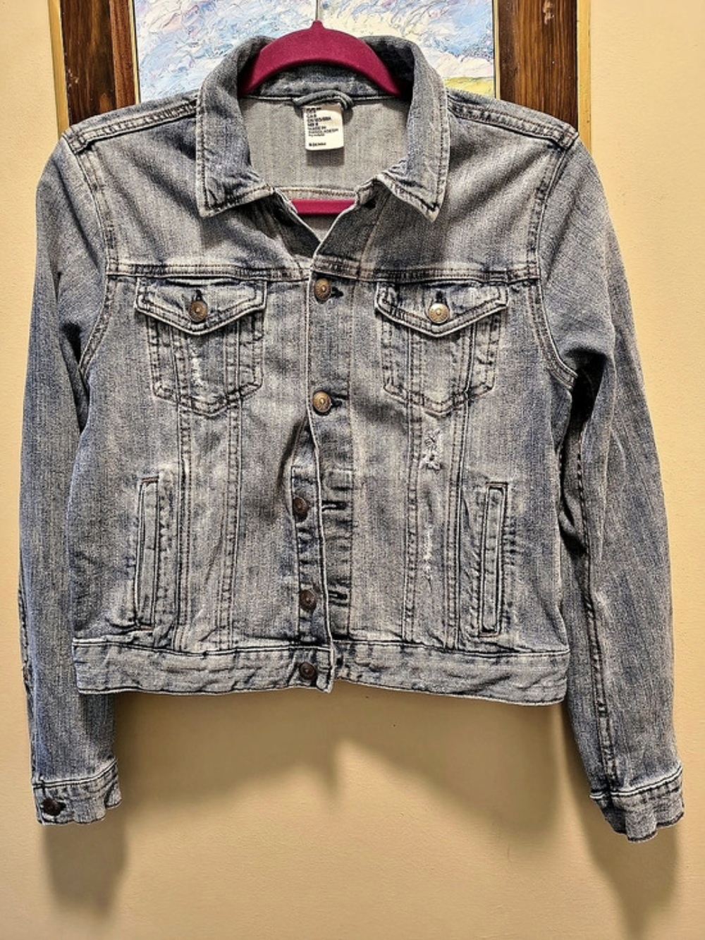 H&M &Denim Distressed Trucker Jacket Denim Jacket Blue Medium